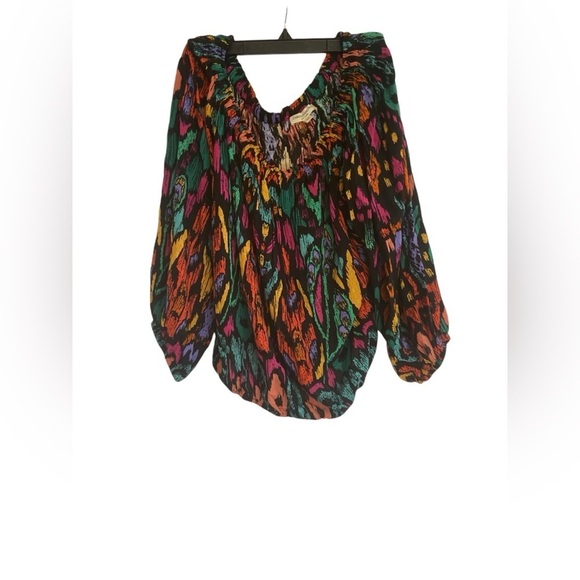 Christian Siriano Peasant Top Blouse Shirt Boho Geo Black Orange Plus Size 1X - Picture 1 of 14